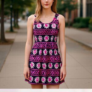 Monteau Tribal Aztec Dress S | Cutout Mesh Bodice | Low Back Knit Dress